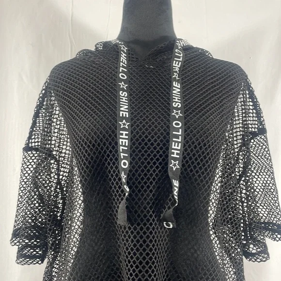 Black mesh,knit pullover w hoodie and drawstring, coverup, see through,Large - Picture 2 of 9